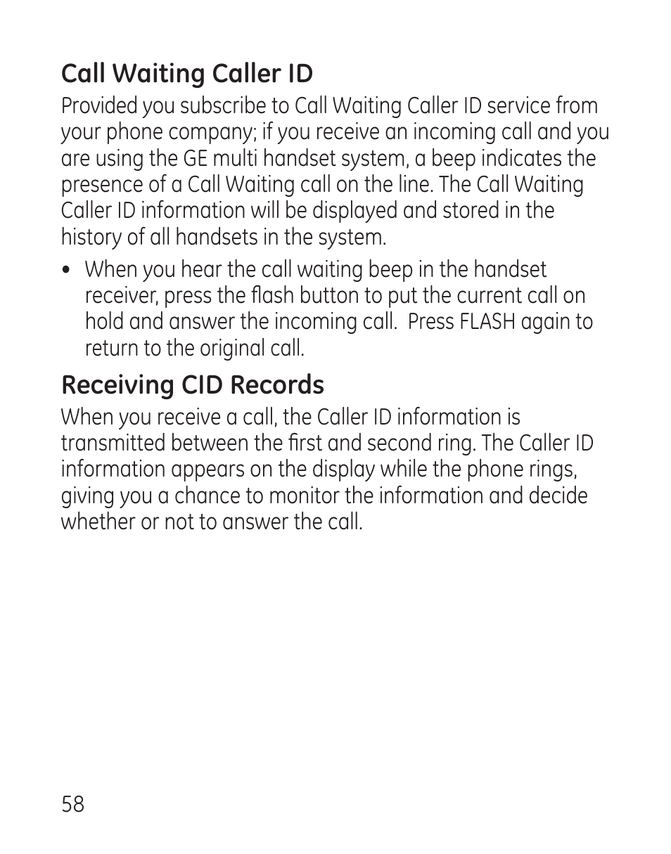 Call waiting caller id, Receiving cid records | GE 29115 Series User Manual | Page 58 / 196