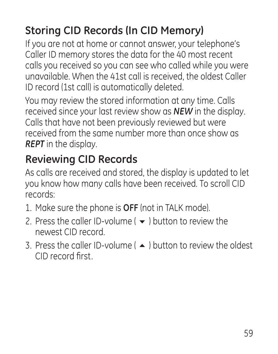 Reviewing cid records | GE 29115 Series User Manual | Page 59 / 196