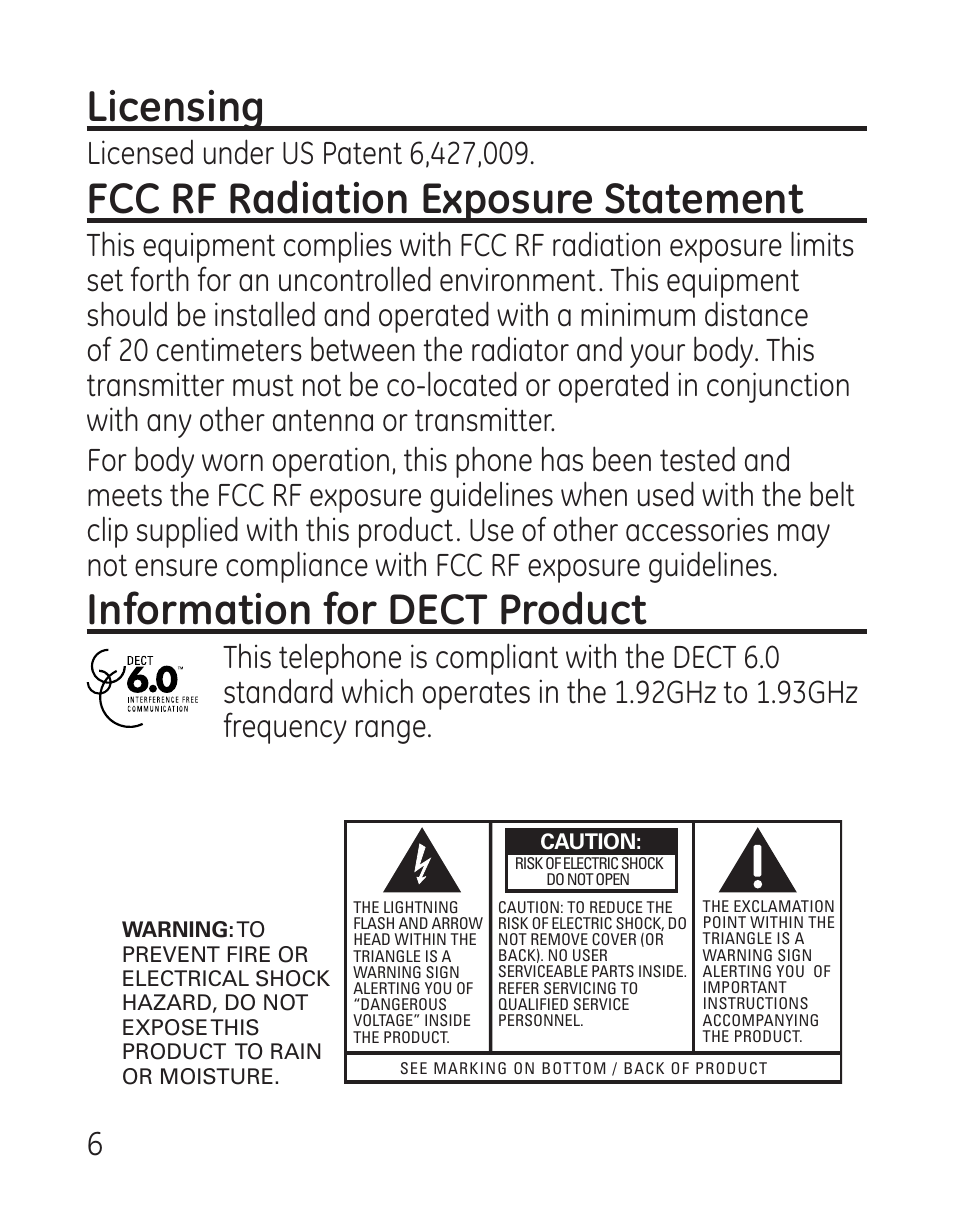 Licensing, Fcc rf radiation exposure statement, Information for dect product | GE 29115 Series User Manual | Page 6 / 196