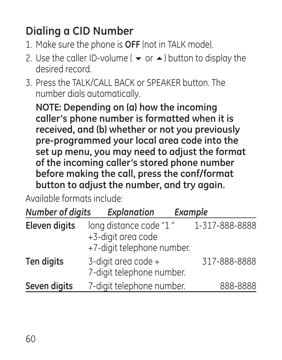 Dialing a cid number | GE 29115 Series User Manual | Page 60 / 196