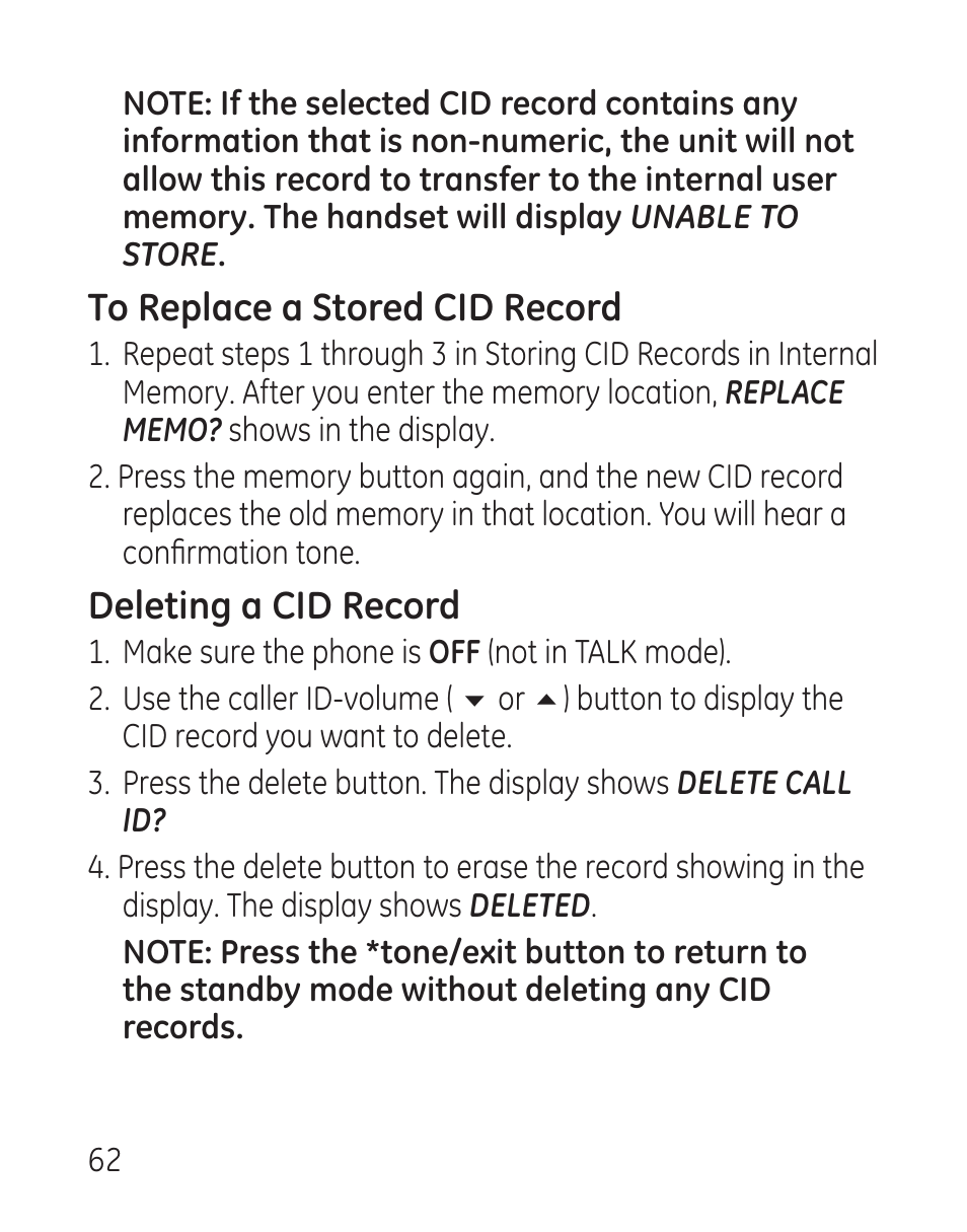 Deleting a cid record | GE 29115 Series User Manual | Page 62 / 196