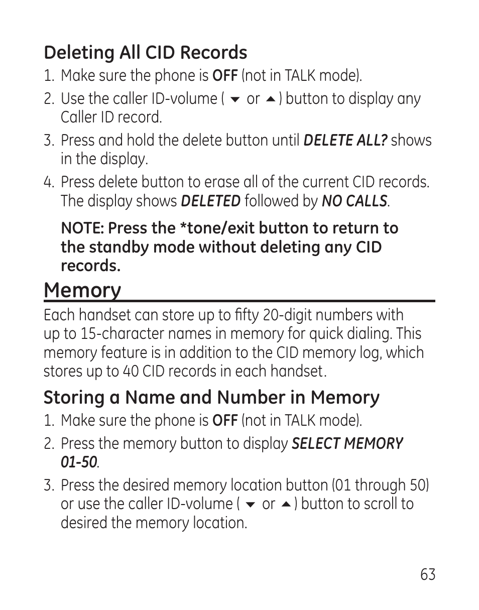 Deleting all cid records | GE 29115 Series User Manual | Page 63 / 196