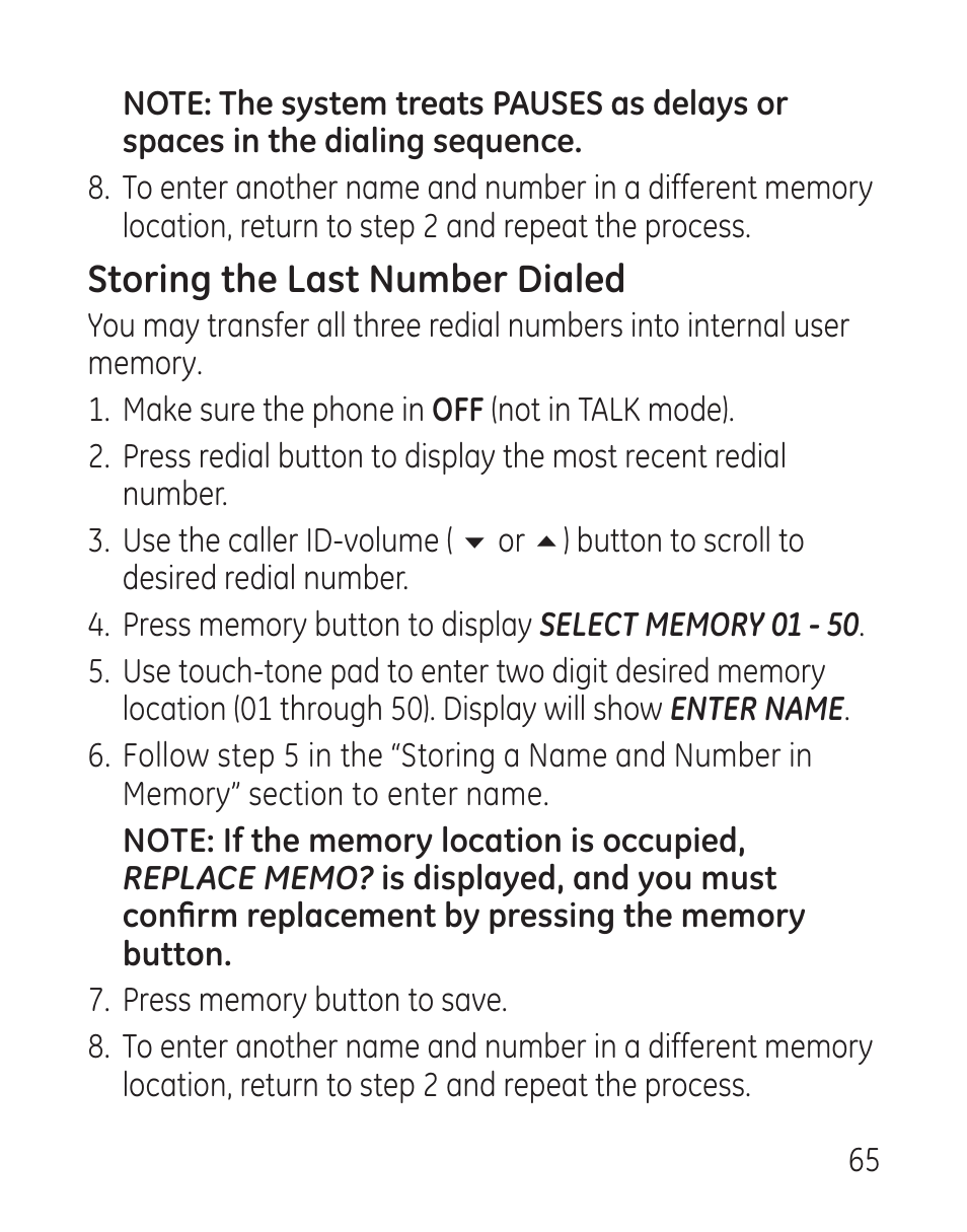 Storing the last number dialed | GE 29115 Series User Manual | Page 65 / 196