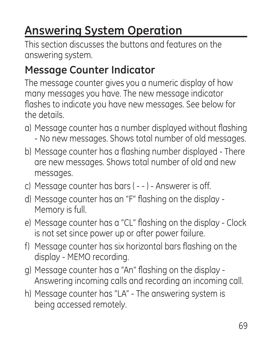 Answering system operation, Message counter indicator | GE 29115 Series User Manual | Page 69 / 196