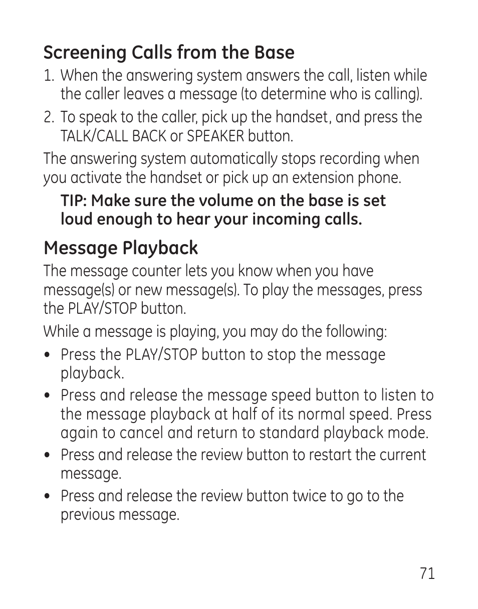 Screening calls from the base, Message playback | GE 29115 Series User Manual | Page 71 / 196