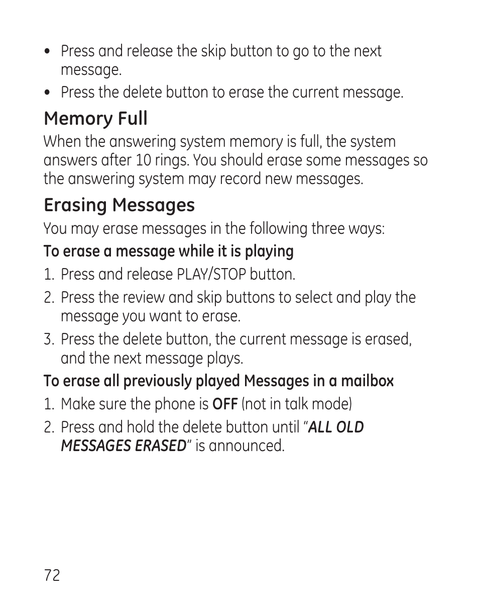 Erasing messages | GE 29115 Series User Manual | Page 72 / 196
