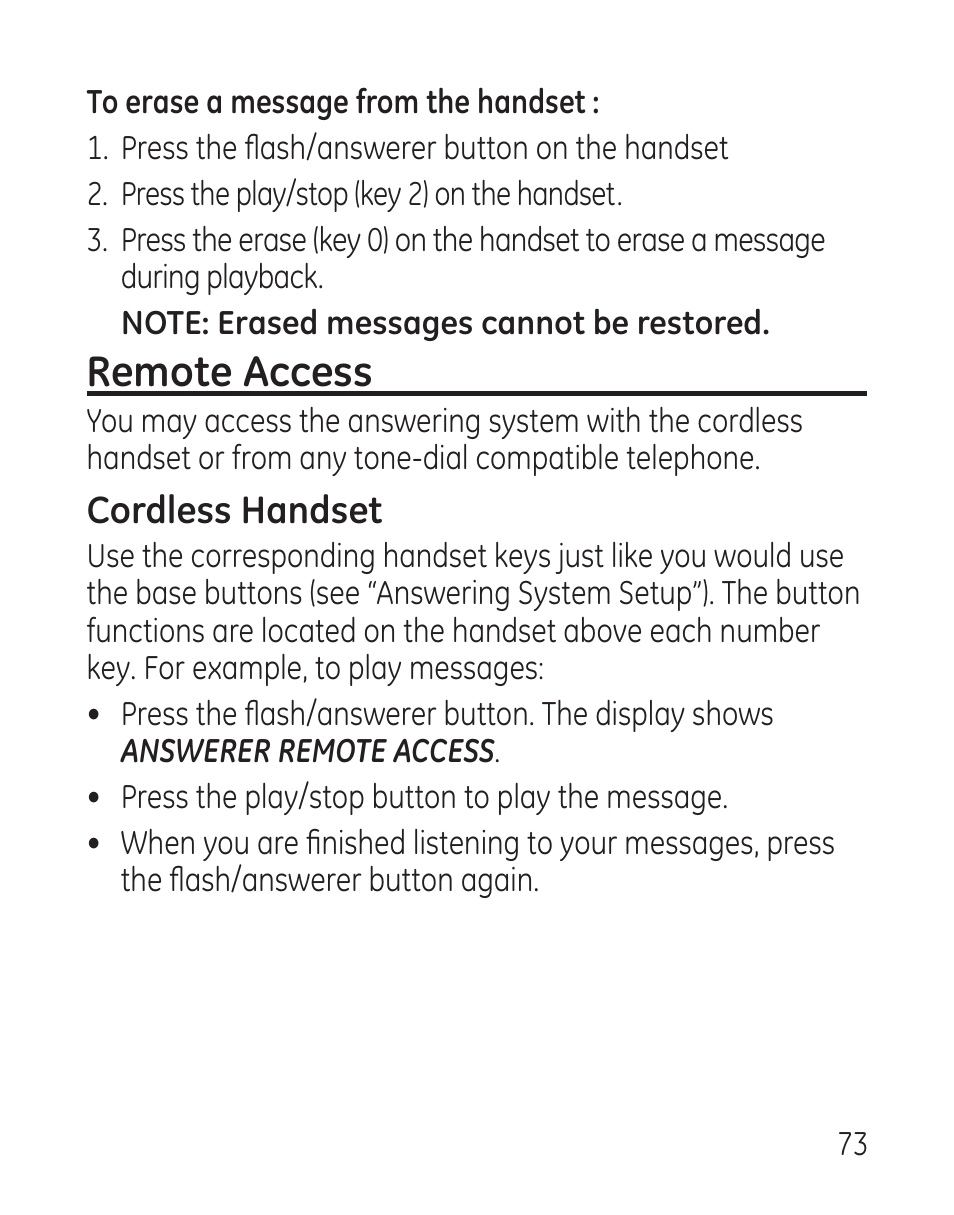 Remote access, Cordless handset | GE 29115 Series User Manual | Page 73 / 196