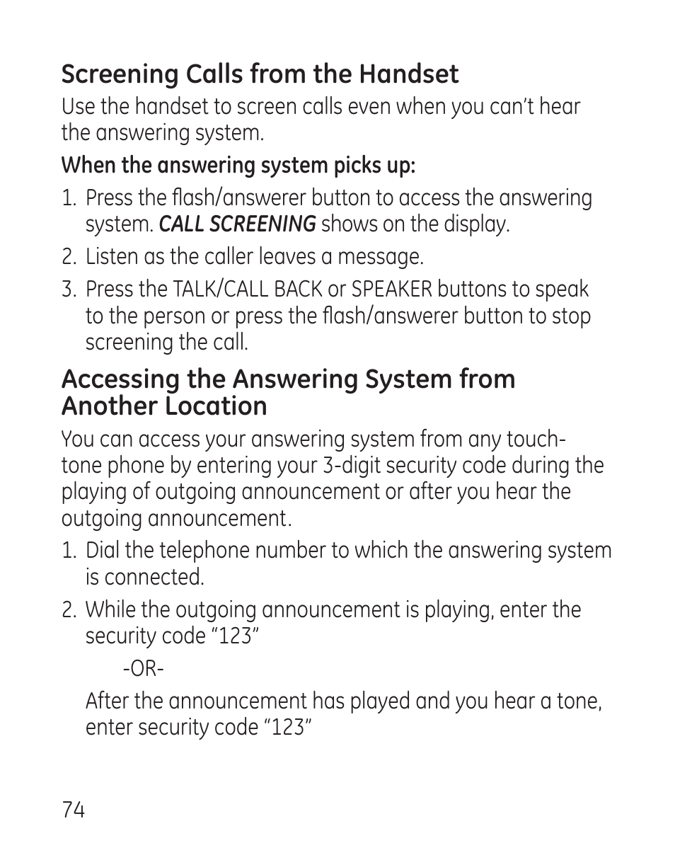 Screening calls from the handset | GE 29115 Series User Manual | Page 74 / 196