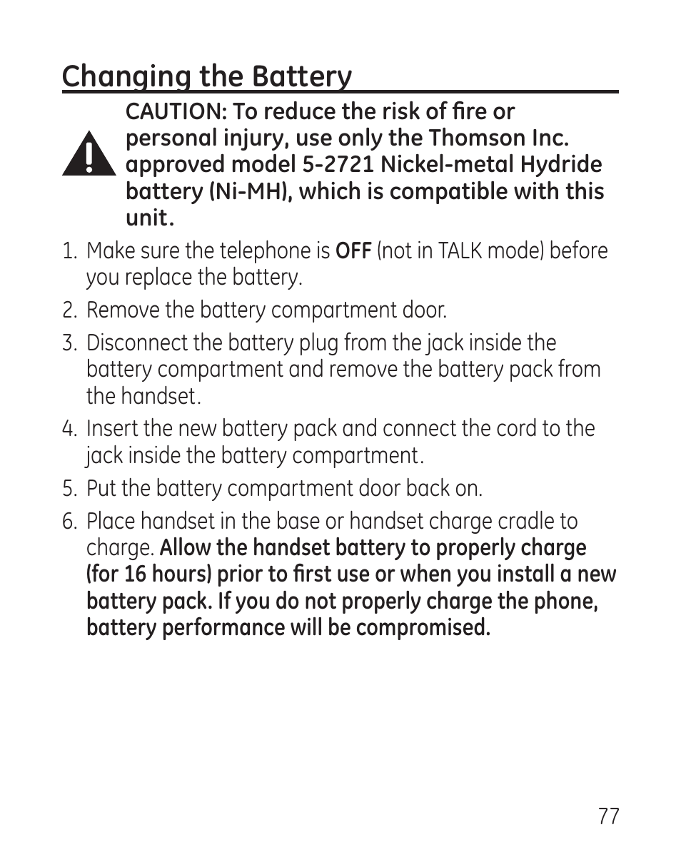 Changing the battery | GE 29115 Series User Manual | Page 77 / 196