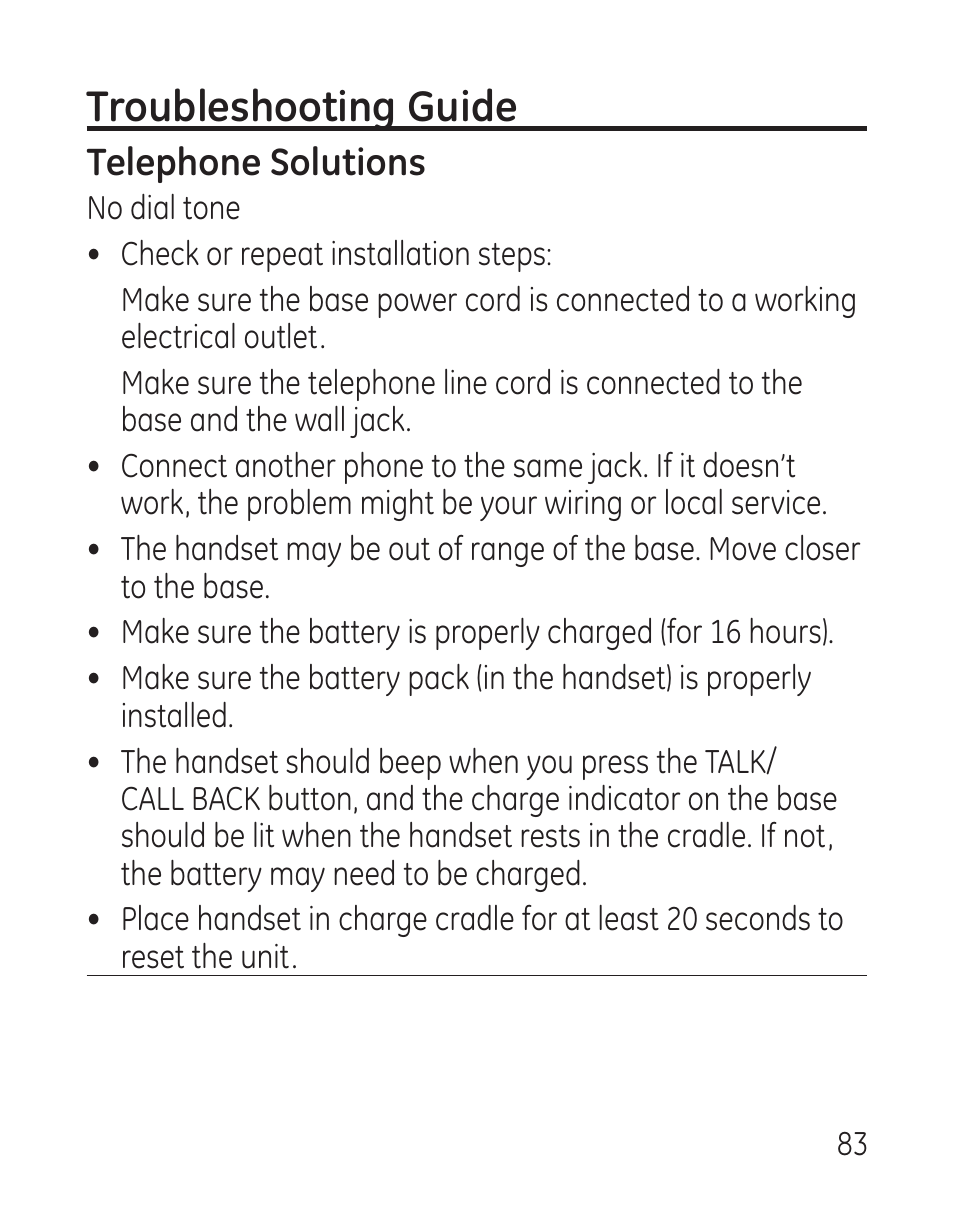 Troubleshooting guide, Telephone solutions | GE 29115 Series User Manual | Page 83 / 196