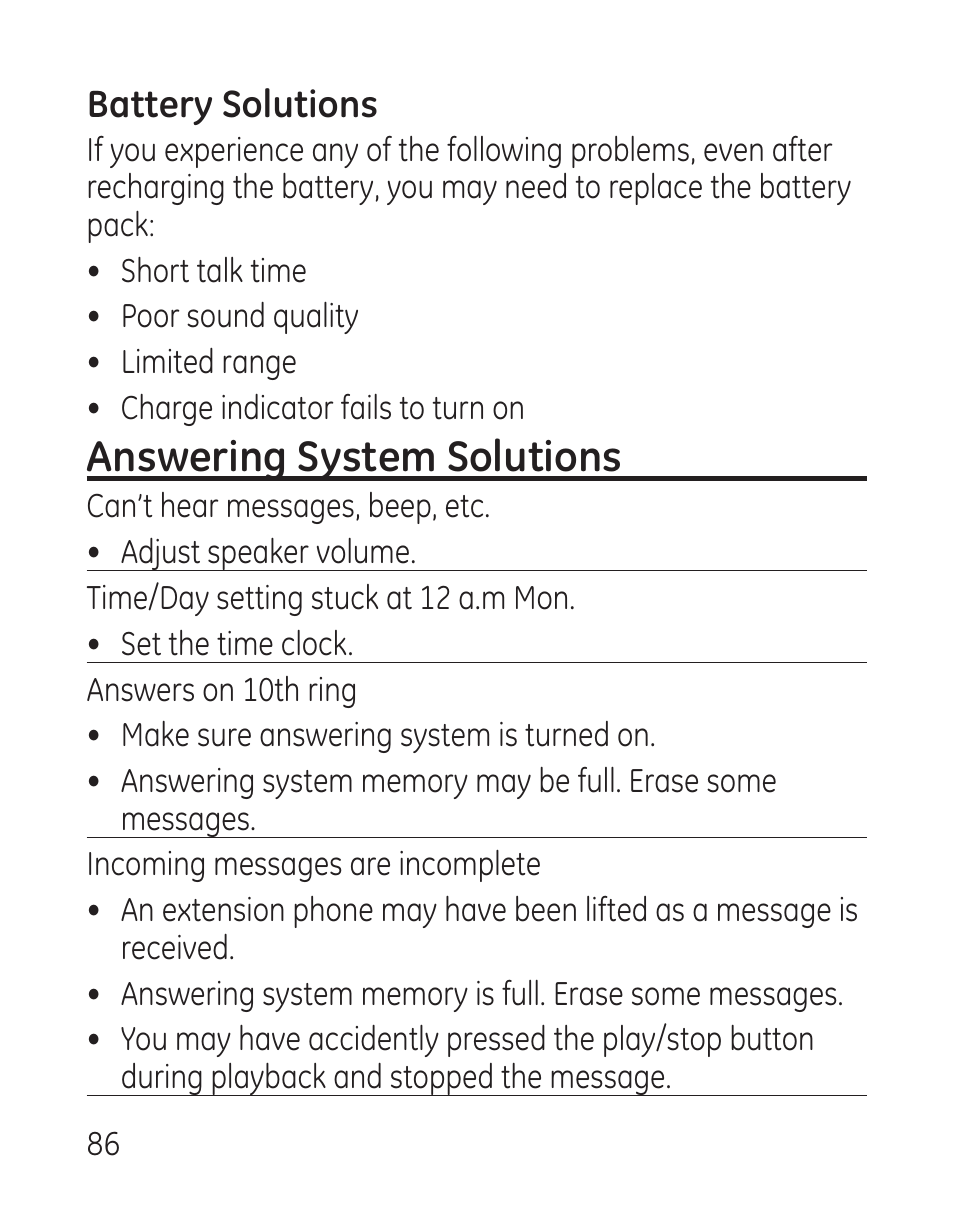 Answering system solutions, Battery solutions | GE 29115 Series User Manual | Page 86 / 196