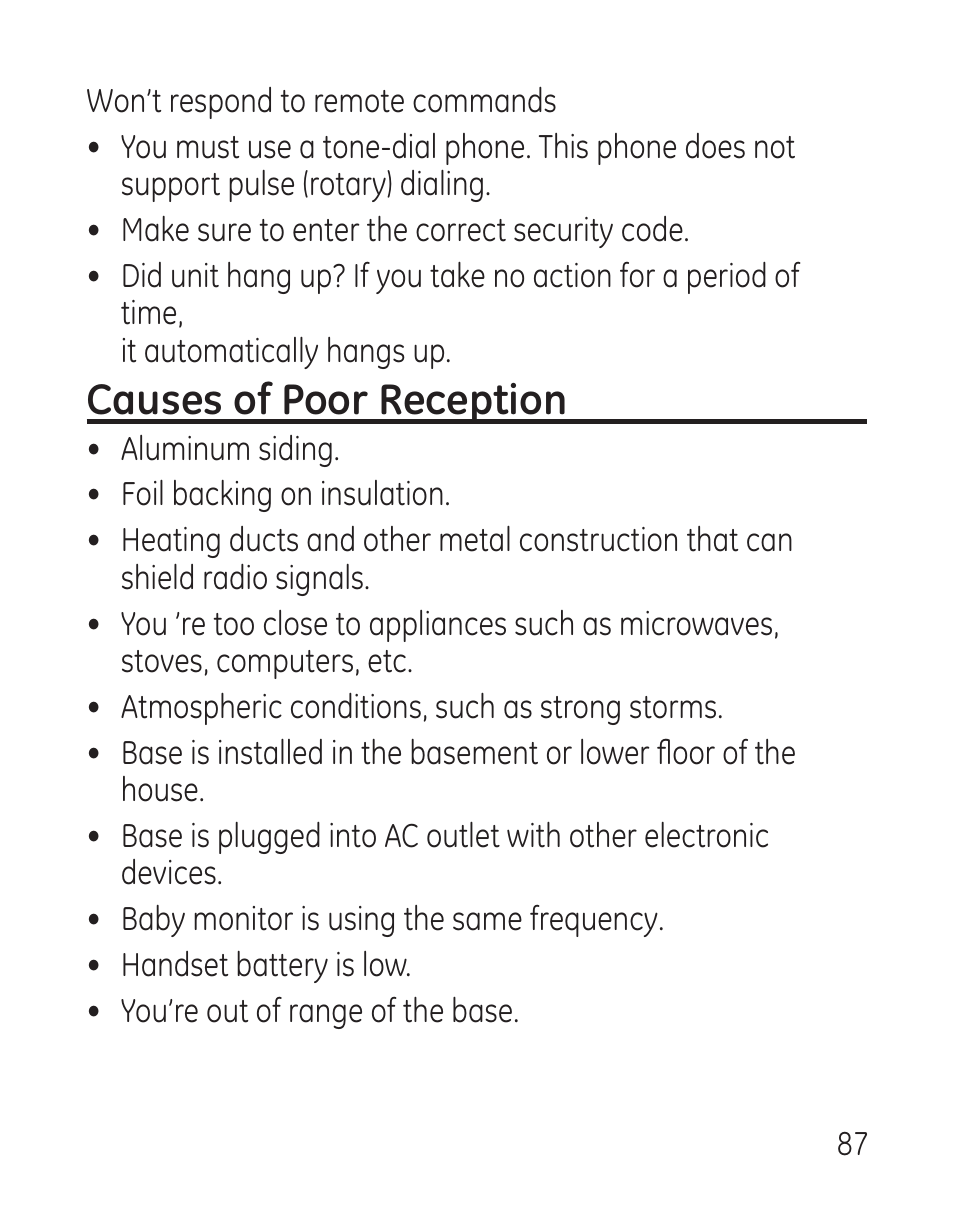 Causes of poor reception | GE 29115 Series User Manual | Page 87 / 196