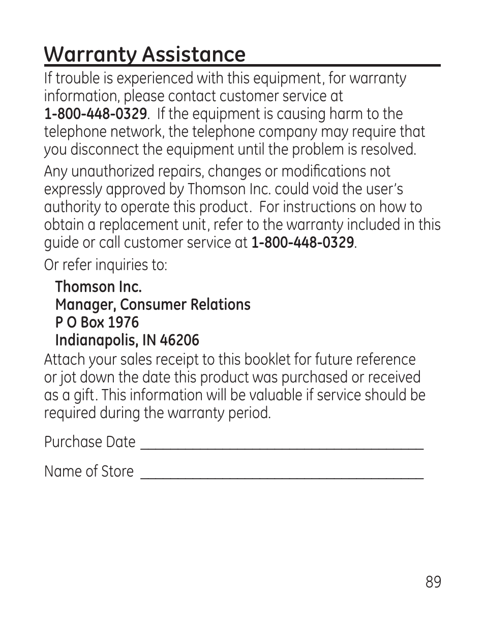 Warranty assistance | GE 29115 Series User Manual | Page 89 / 196