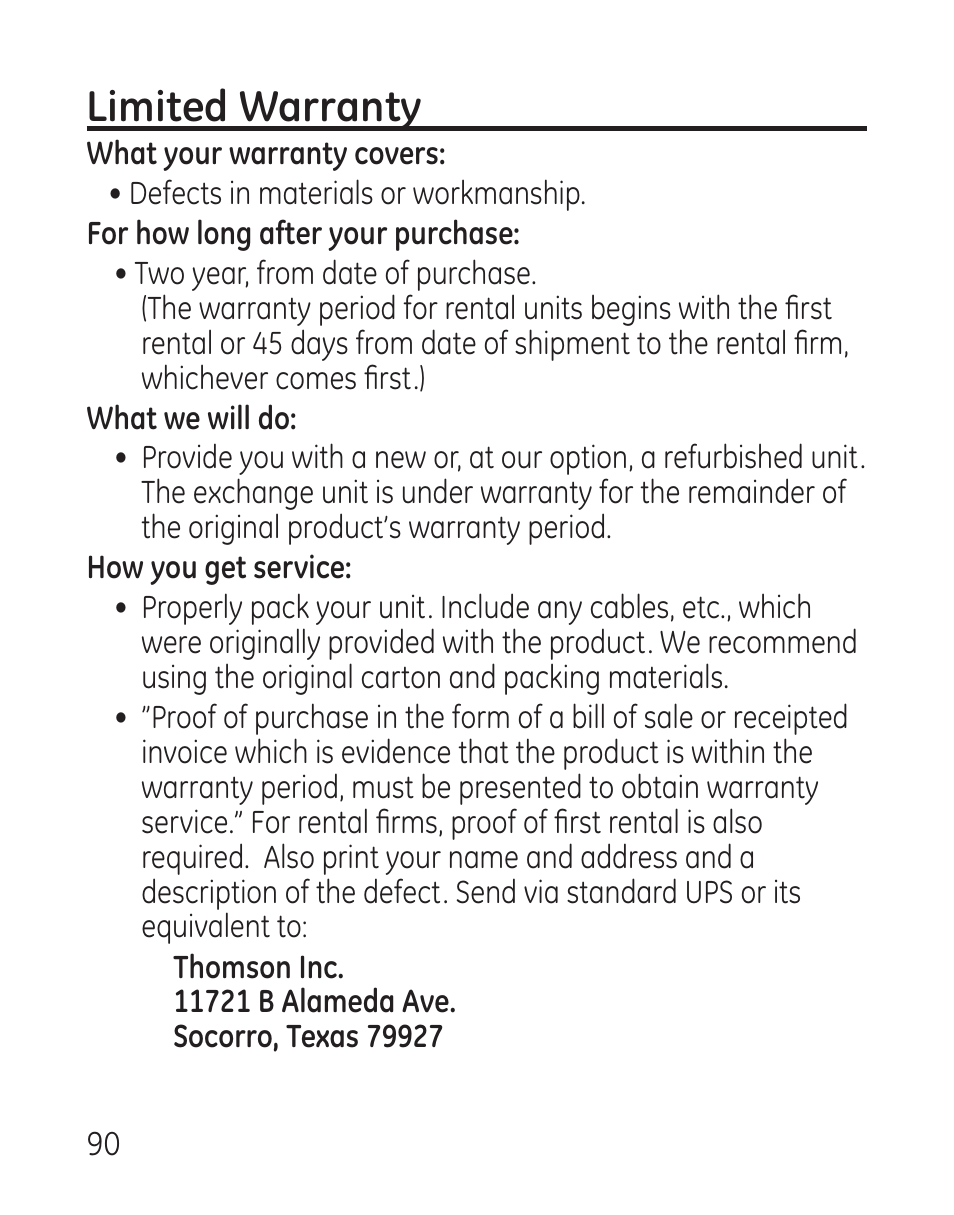 Limited warranty | GE 29115 Series User Manual | Page 90 / 196