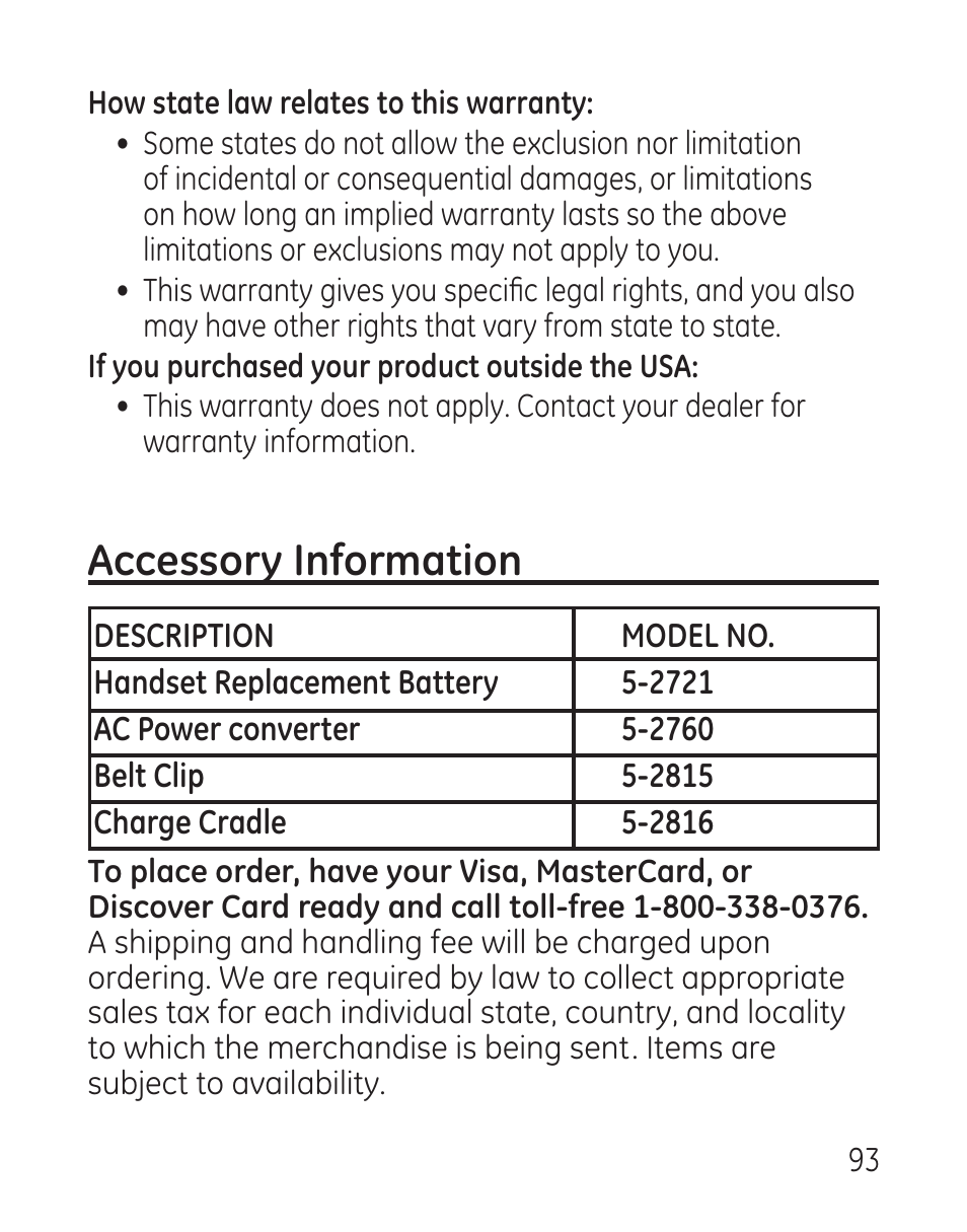 Accessory information | GE 29115 Series User Manual | Page 93 / 196