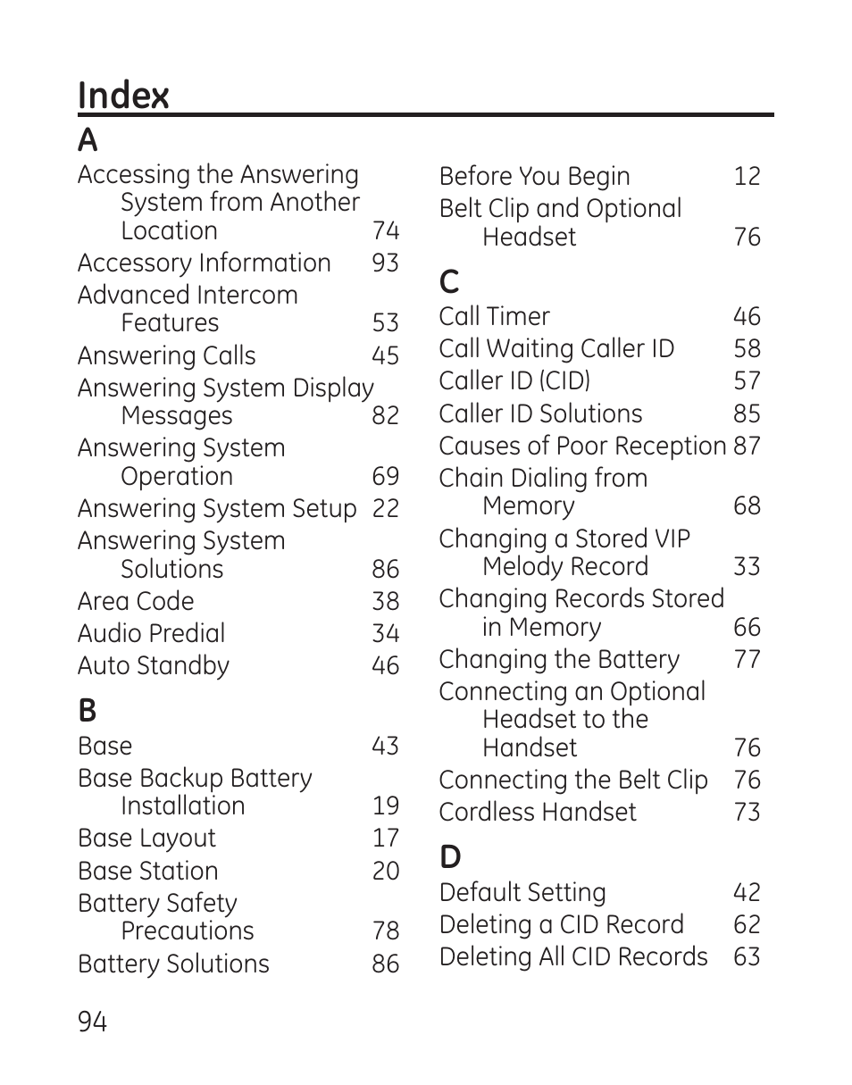 Index | GE 29115 Series User Manual | Page 94 / 196