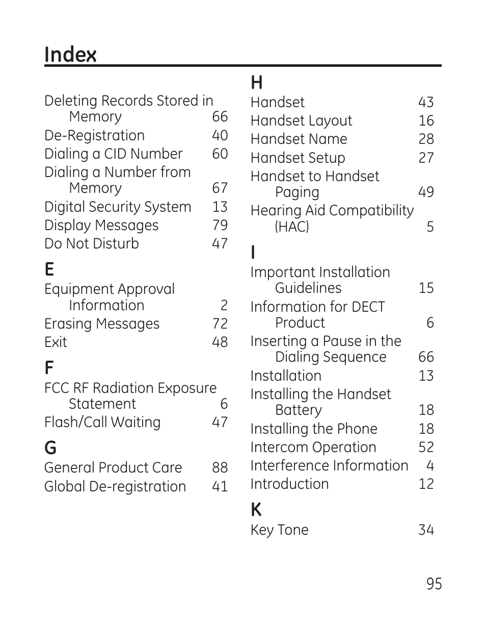 Index | GE 29115 Series User Manual | Page 95 / 196