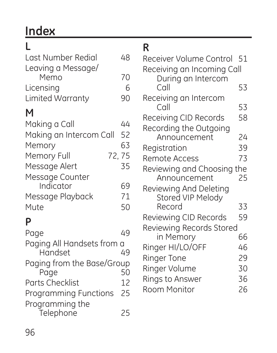 Index | GE 29115 Series User Manual | Page 96 / 196