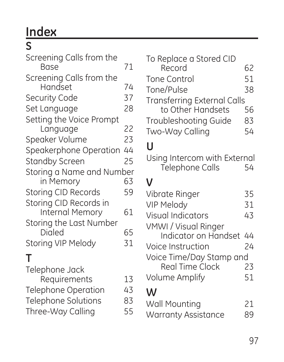 Index | GE 29115 Series User Manual | Page 97 / 196