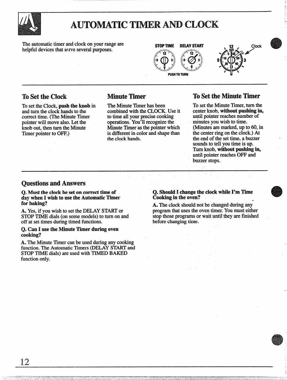 Automatic timer and clock, To set the clock, Minute timer | To set the minute timer, Questions and answers | GE 49-8255 User Manual | Page 12 / 32