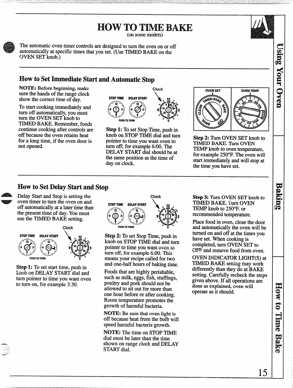 How to time bake, How to set immediate start and automatic stop, How to set delay start and stop | GE 49-8255 User Manual | Page 15 / 32