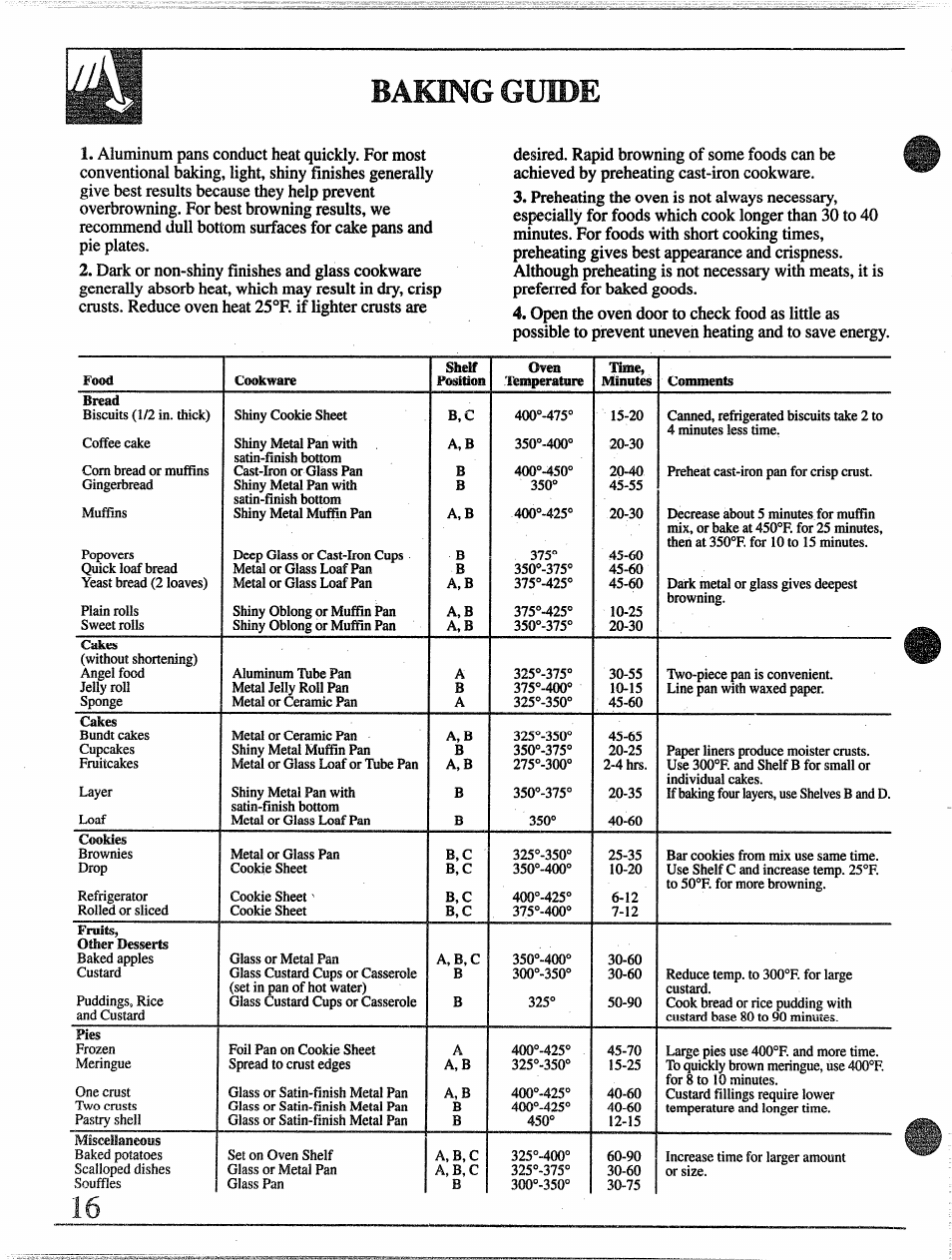Baking guide | GE 49-8255 User Manual | Page 16 / 32