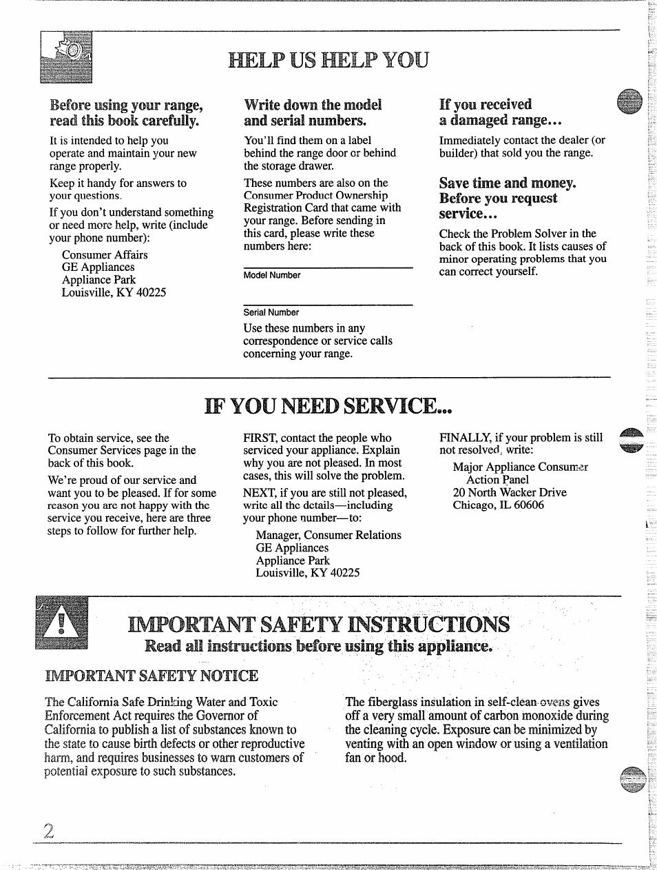 If you need service, Help us help you, Read ail instructions before using ibis appuance | Save time and money. before yon request, Important safety notice | GE 49-8255 User Manual | Page 2 / 32