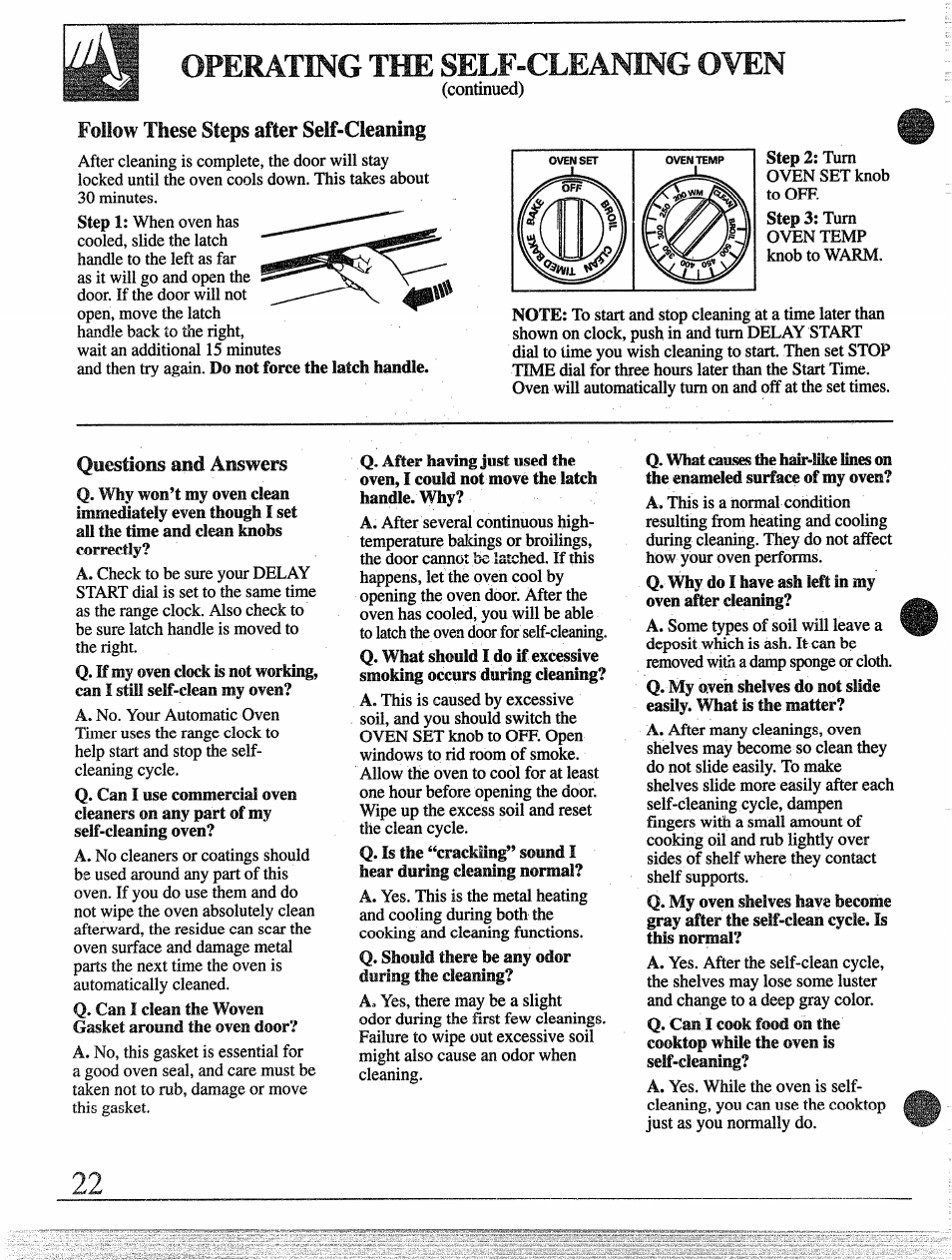 Operating the self-cleaning oven, Follow these steps after self-cleaning, Questions and answers | GE 49-8255 User Manual | Page 22 / 32