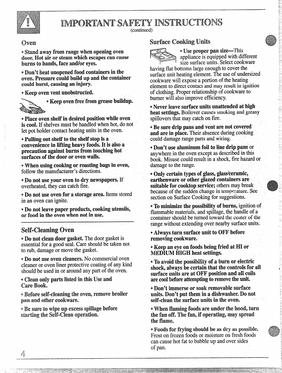Important safety mstmuctions, Seif»c!eanlmg oven, Surface cooking units | GE 49-8255 User Manual | Page 4 / 32