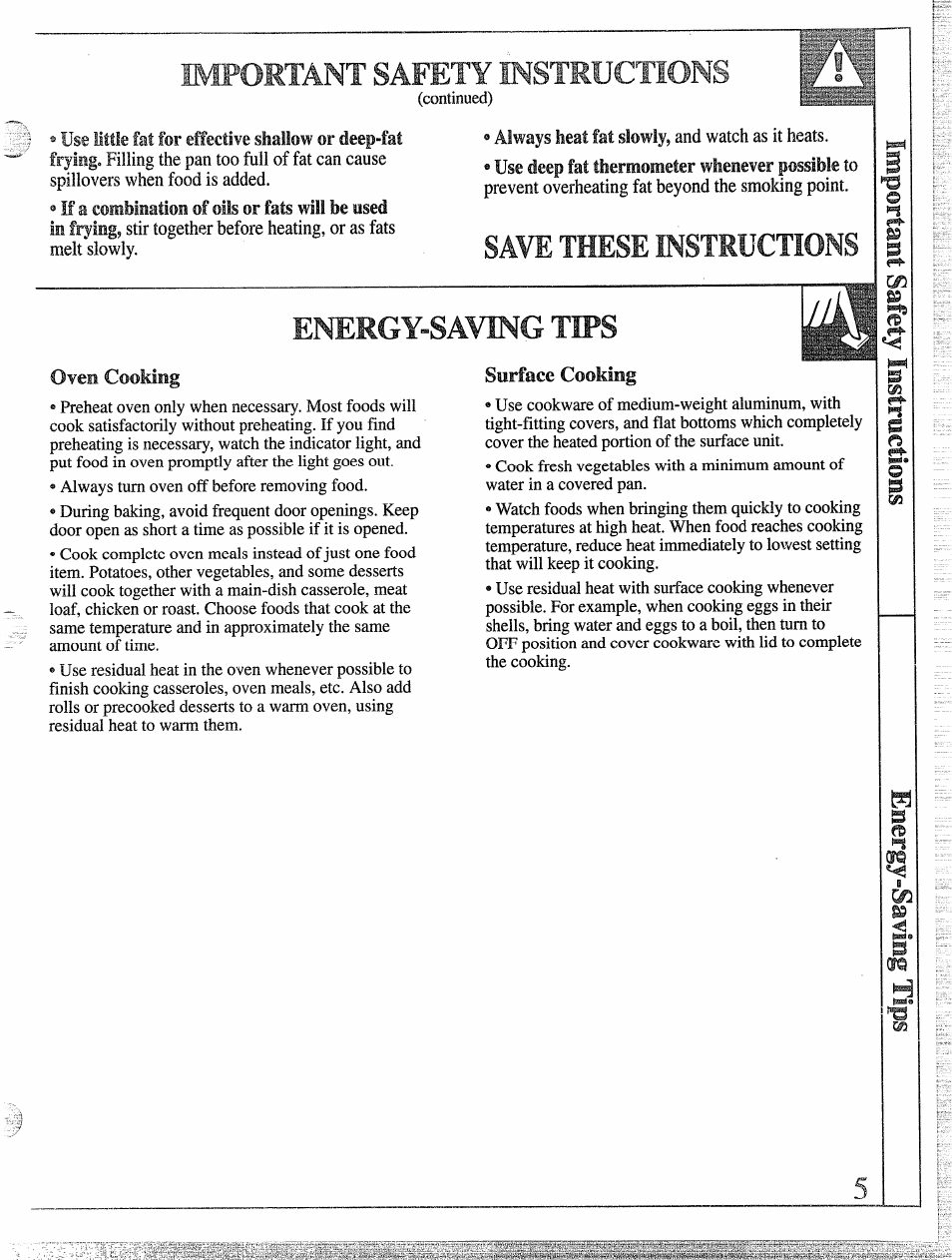 Important safety instructions, Energy-saving tips, Save these instructions | Oven cooking, Surface cooking | GE 49-8255 User Manual | Page 5 / 32