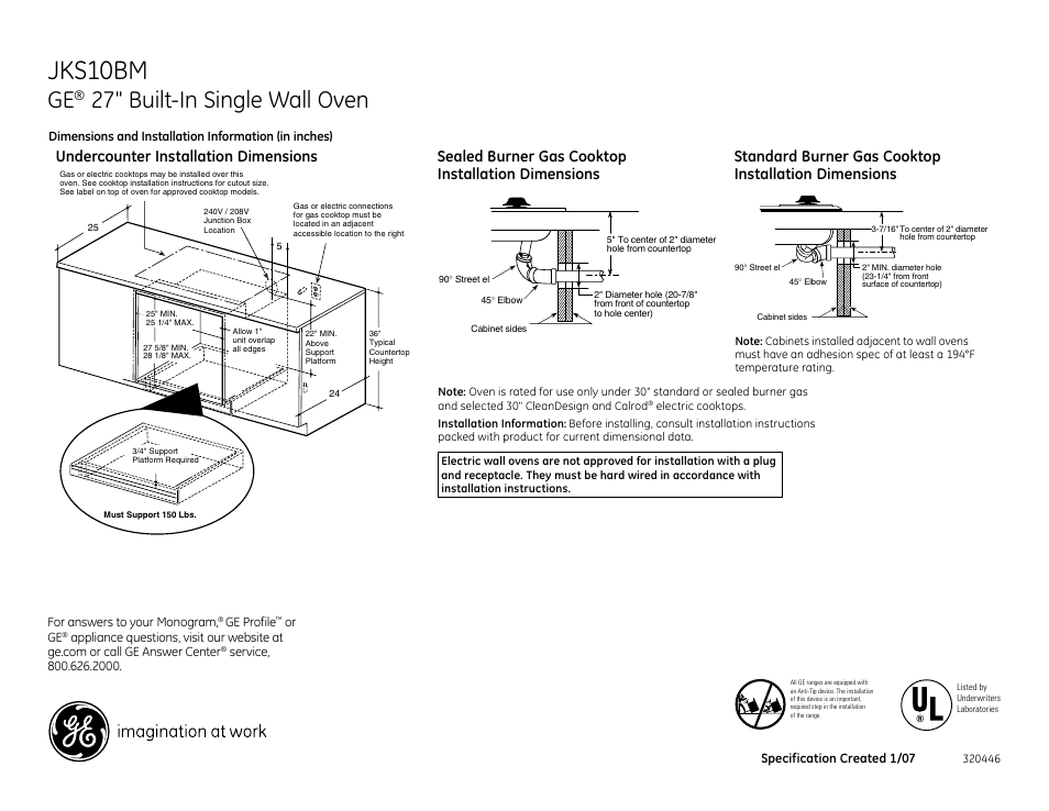 Jks10bm, 27" built-in single wall oven | GE JKS10BM User Manual | Page 2 / 3