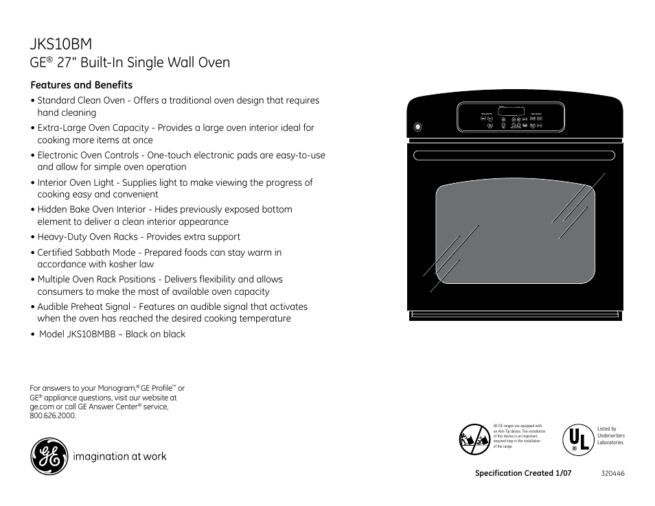 Jks10bm, 27" built-in single wall oven | GE JKS10BM User Manual | Page 3 / 3