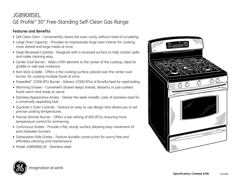 Jgb908sel, Ge profile, 30" free-standing self-clean gas range | GE PROFILE JGB908SEL User Manual | Page 2 / 2