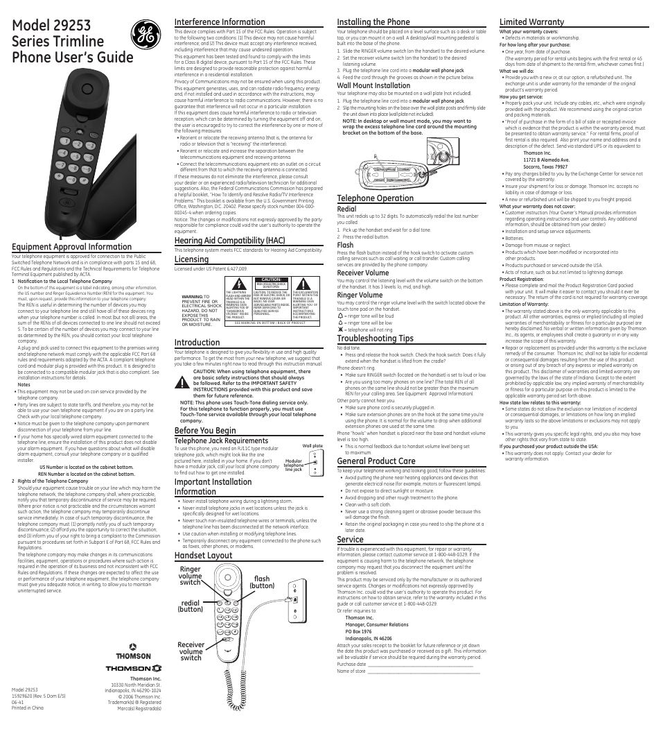 GE Trimline 15929620 User Manual | 2 pages