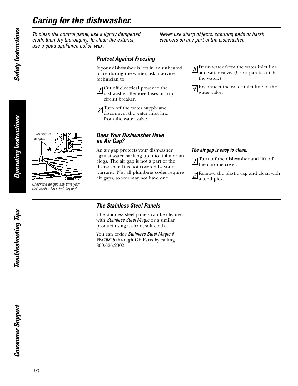 Care and cleaning, Caring for the dishwasher | GE EDW4000 Series User Manual | Page 10 / 16