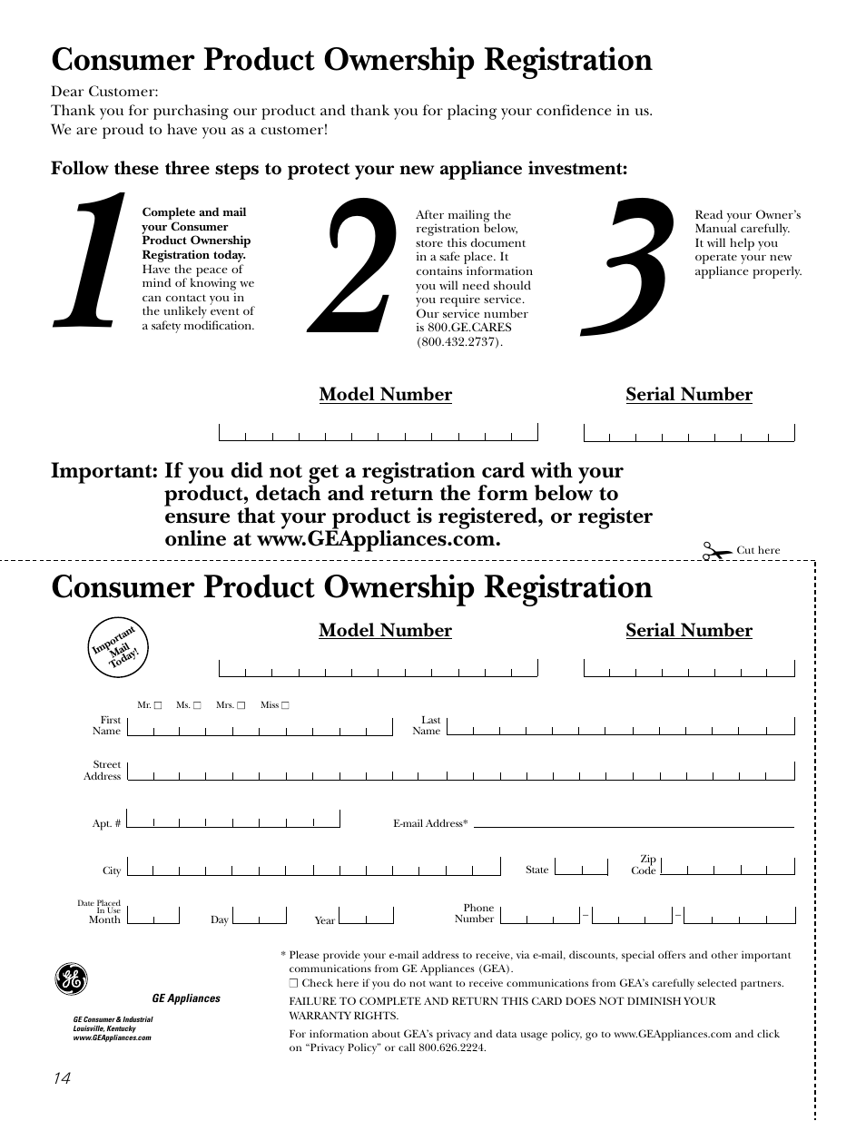 Consumer product ownership registration, Model number serial number | GE EDW4000 Series User Manual | Page 14 / 16