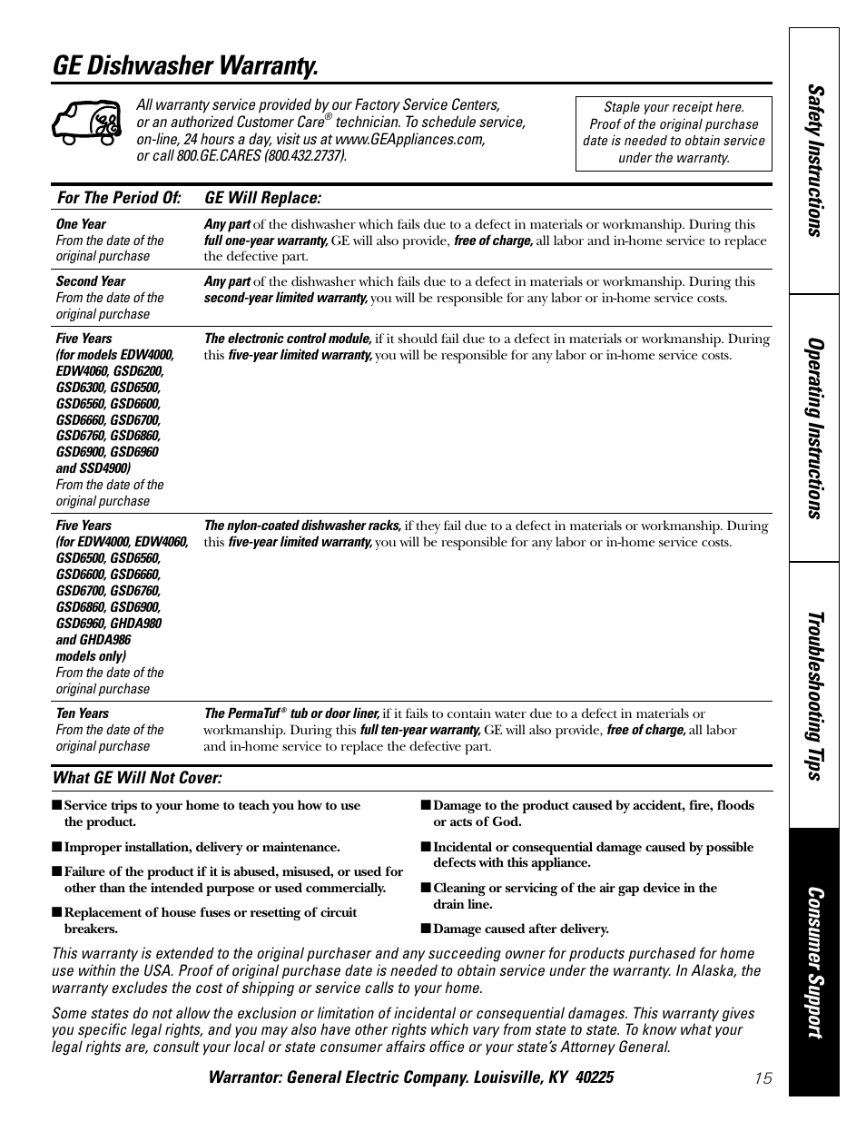 Warranty, Ge dishwasher warranty | GE EDW4000 Series User Manual | Page 15 / 16