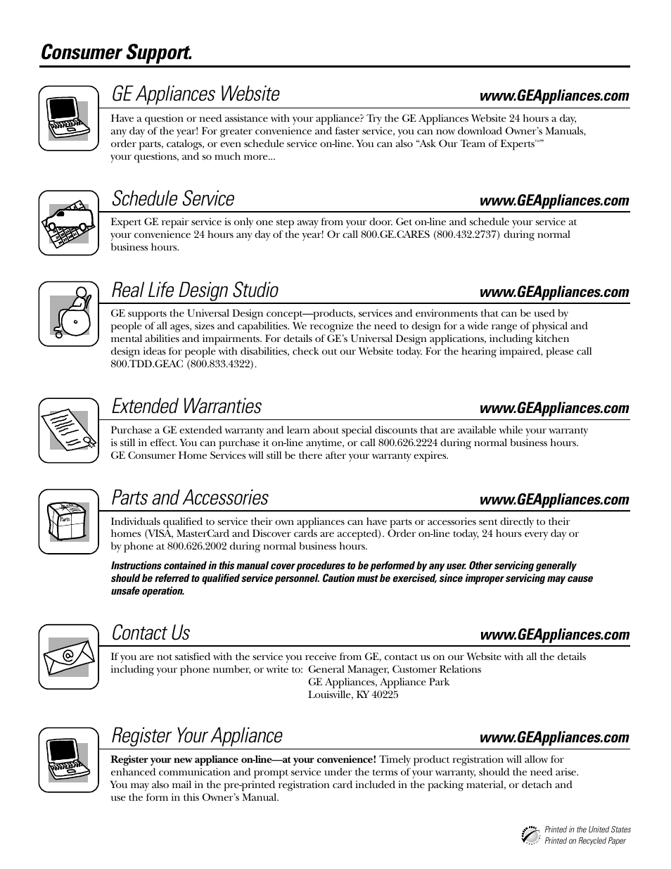 Consumer support, Consumer support . . .back cover, Consumer support. ge appliances website | Schedule service, Real life design studio, Extended warranties, Parts and accessories, Contact us, Register your appliance | GE EDW4000 Series User Manual | Page 16 / 16