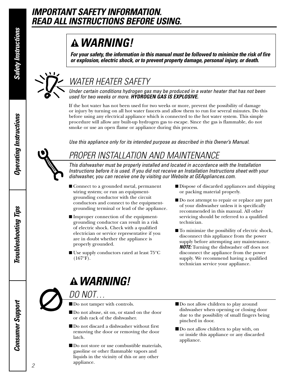 Safety instructions, Warning, Water heater safety | Do not | GE EDW4000 Series User Manual | Page 2 / 16