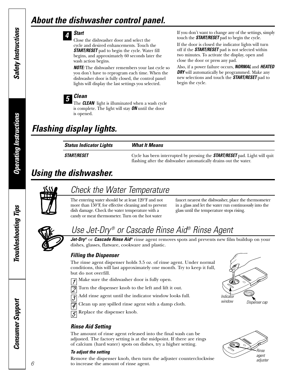 Using the dishwasher, Using the dishwasher , 7, About the dishwasher control panel | Or cascade rinse aid, Rinse agent | GE EDW4000 Series User Manual | Page 6 / 16