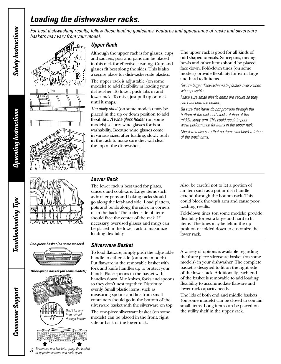 Loading the racks, Loading the dishwasher racks | GE EDW4000 Series User Manual | Page 8 / 16