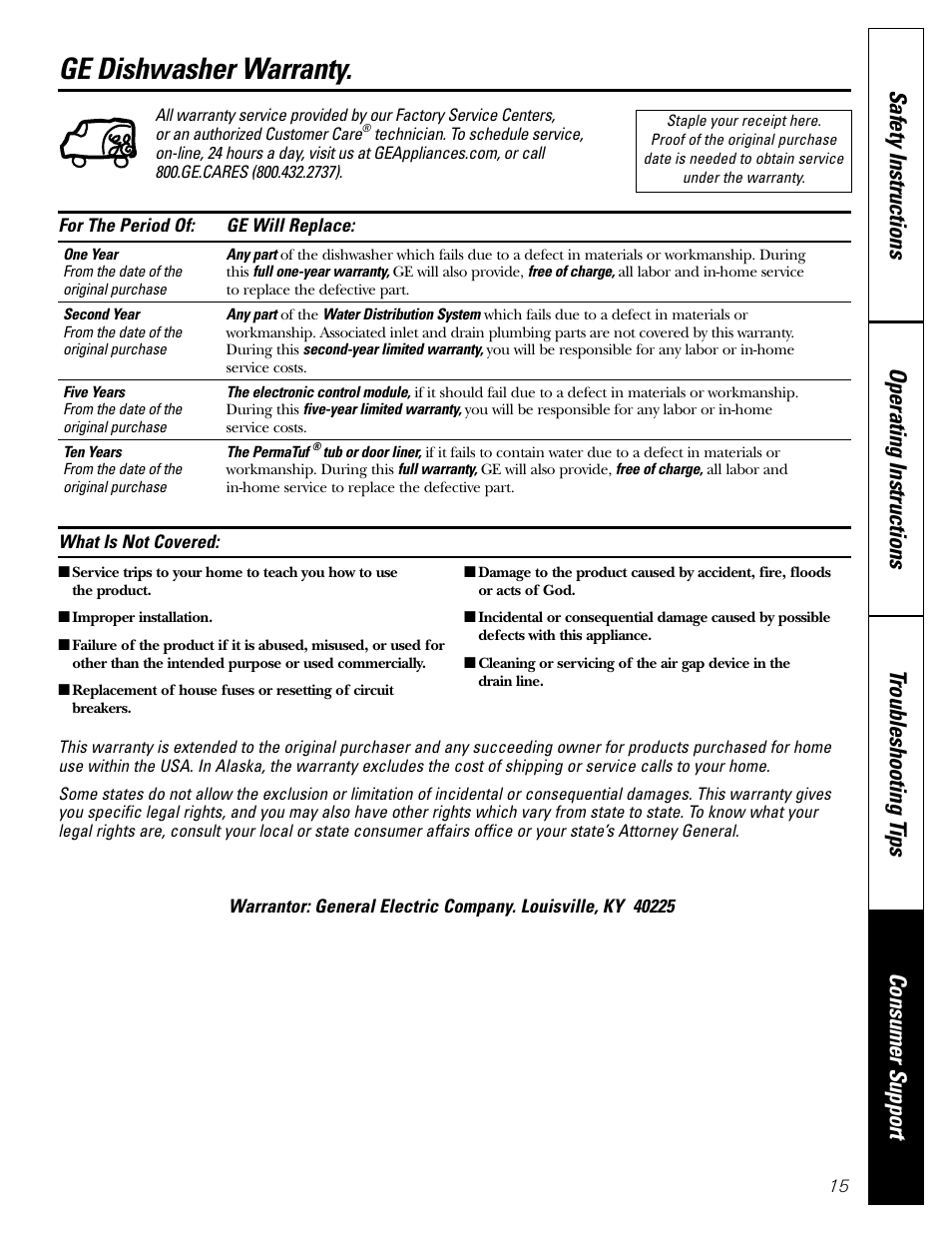 Warranty, Ge dishwasher warranty | GE EDW3000 User Manual | Page 15 / 16