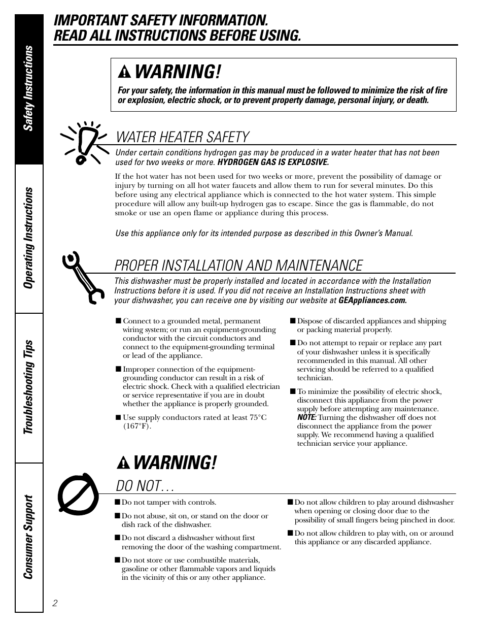 Safety instructions, Warning, Do not | Water heater safety, Proper installation and maintenance | GE EDW3000 User Manual | Page 2 / 16