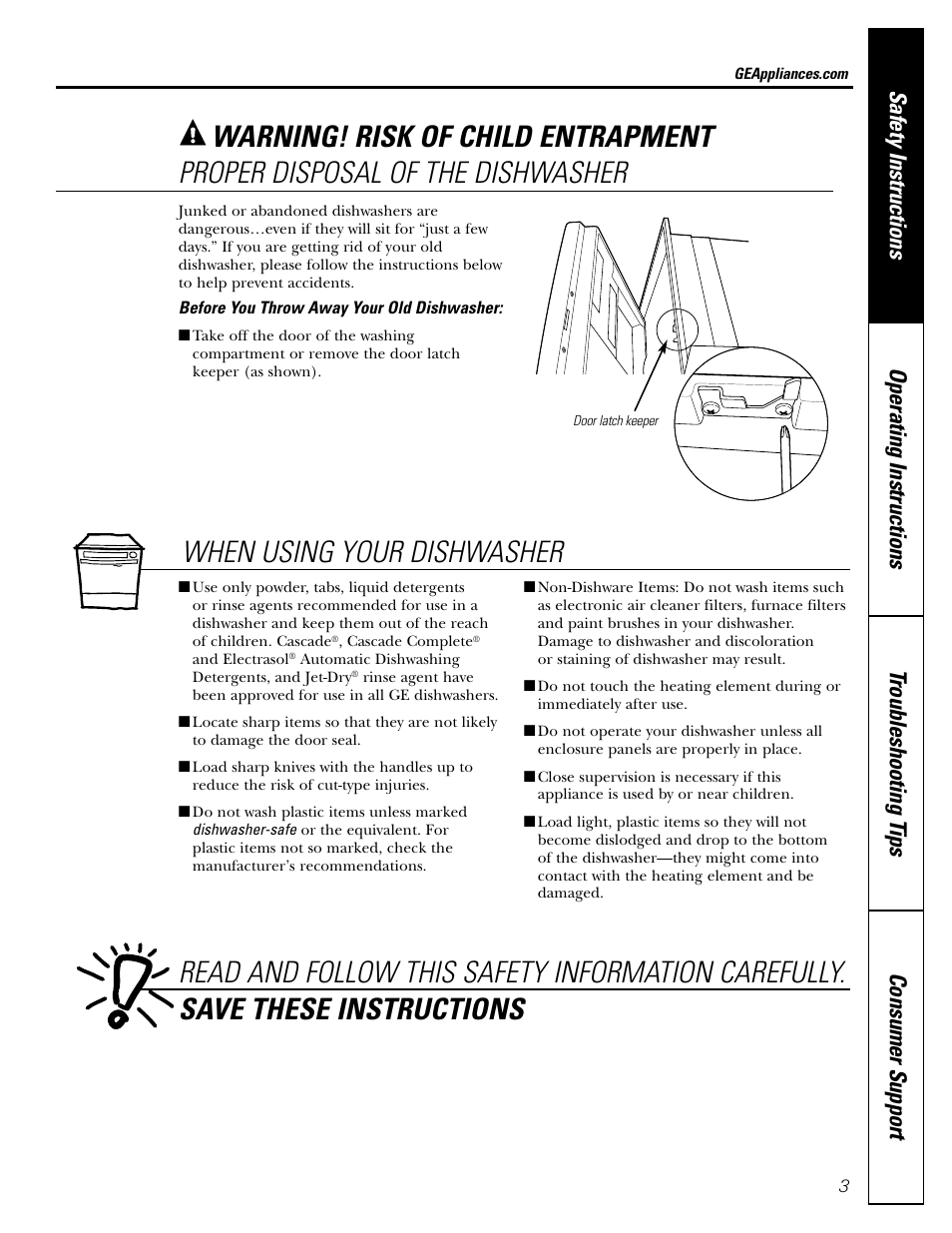 Proper disposal of the dishwasher | GE EDW3000 User Manual | Page 3 / 16