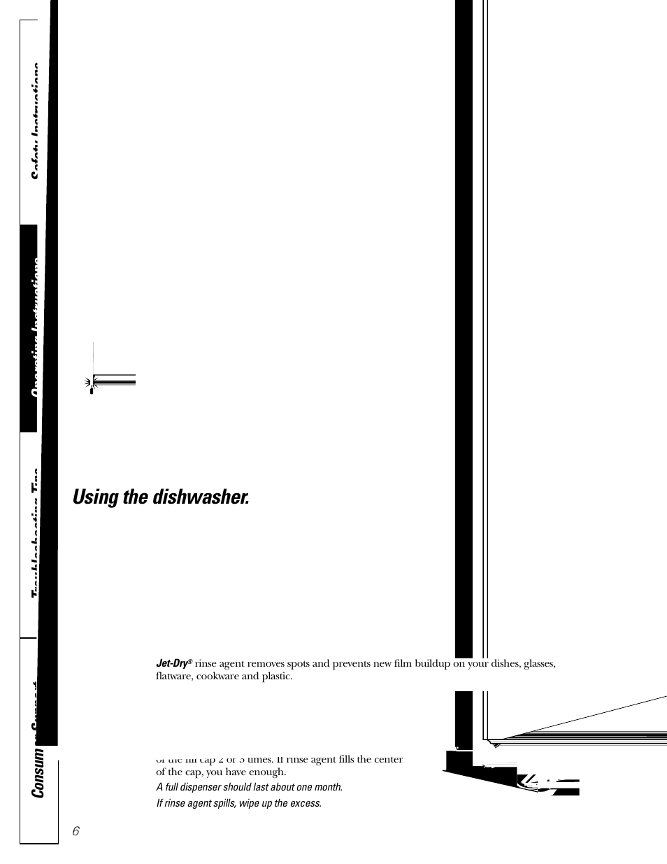 Flashing display lights, Using the dishwasher, Using the dishwasher , 7 | Check the water temperature, Use jet-dry, Rinse agent, Filling the dispenser, Jet-dry | GE EDW3000 User Manual | Page 6 / 16