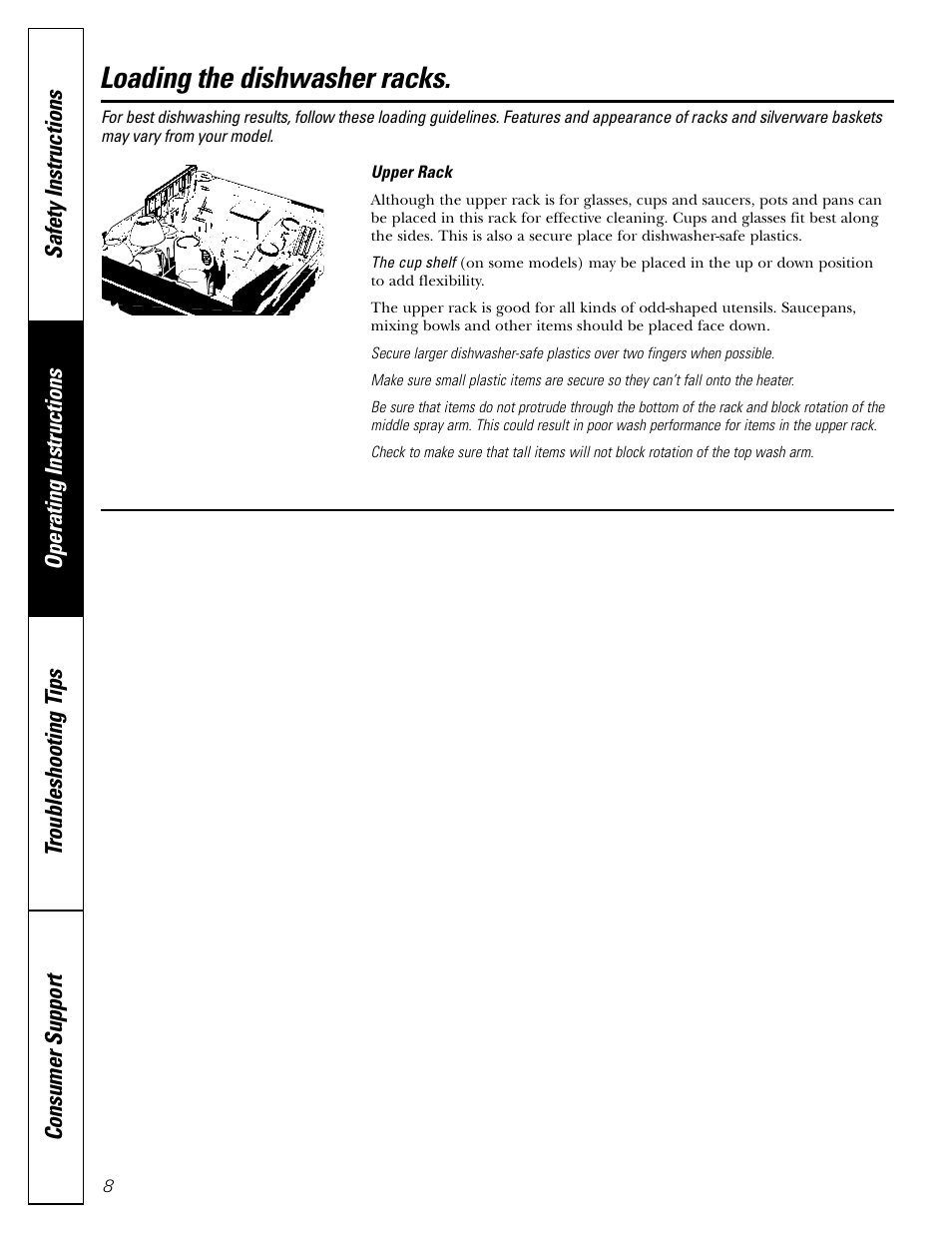 Loading the dishwasher racks, Loading the dishwasher racks , 9 | GE EDW3000 User Manual | Page 8 / 16
