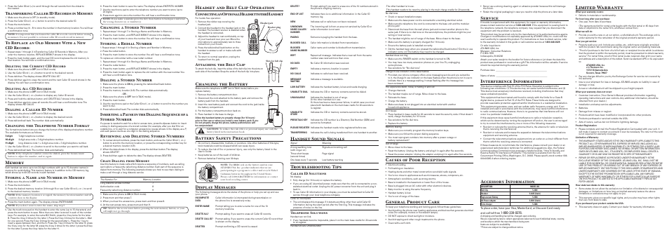 Limited warranty, Headset and belt clip operation, Changing the battery | Battery safety precautions, Display messages, Handset sound signals, Troubleshooting tips, Causes of poor reception, General product care, Service | GE 25841 User Manual | Page 2 / 2