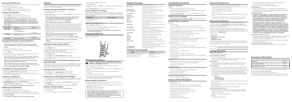 Integrated belt clip, Display messages, Handset sound signals | Troubleshooting guide, Causes of poor reception, General product care, Warranty assistance, Limited warranty, Accessory information, Changing the battery | GE 00021157 User Manual | Page 2 / 2