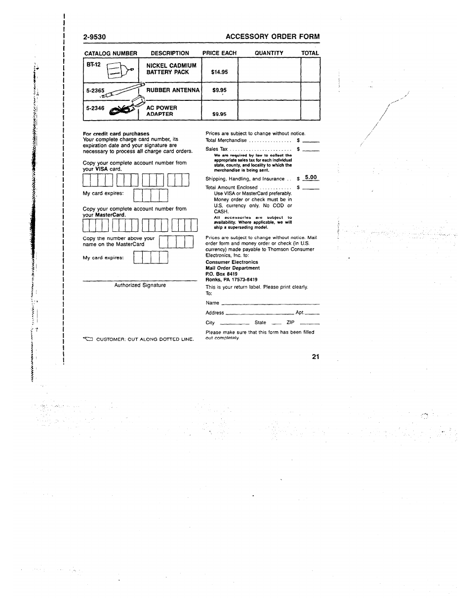 9530 accessory order form | GE 2-9730 User Manual | Page 20 / 23