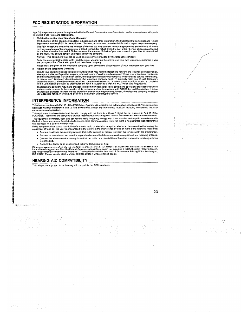 Fcc registration information, Interference information, Hearing aid compatibility | GE 2-9730 User Manual | Page 22 / 23